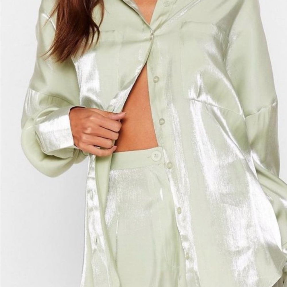 Nasty Gal Satin Light Green Blouse